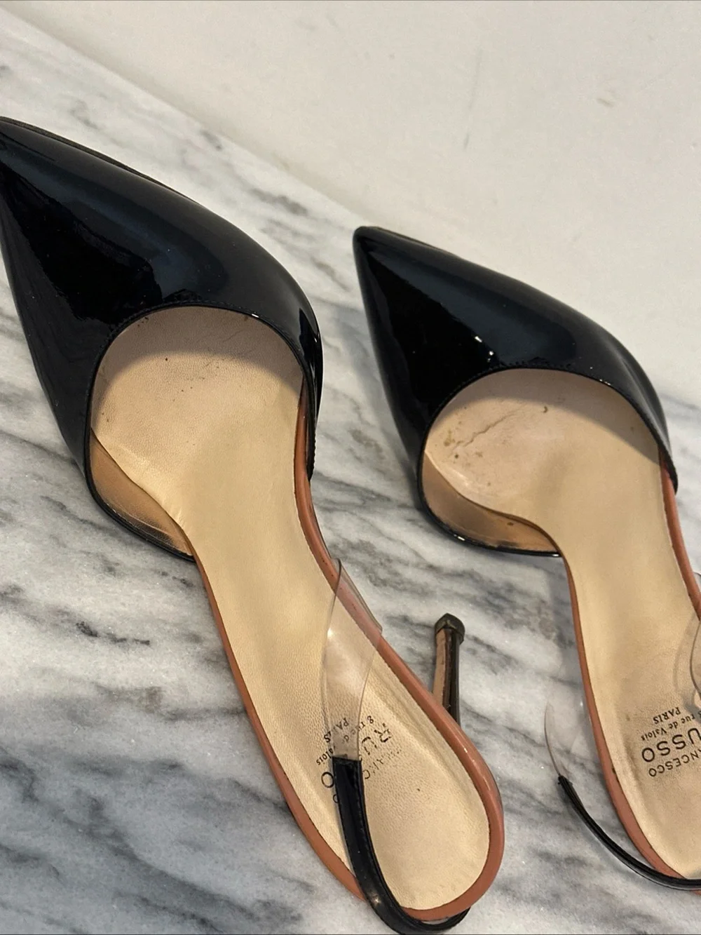 Francesco Russo Black Patent Pointed-Toe Slingback Heels Sz 38 Italy